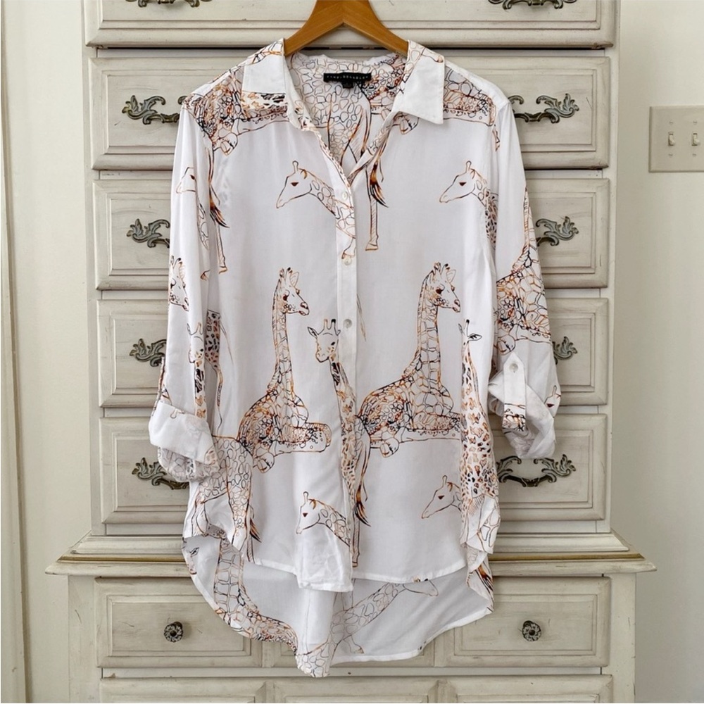 Women's White Giraffe Print Button-Up Shirt